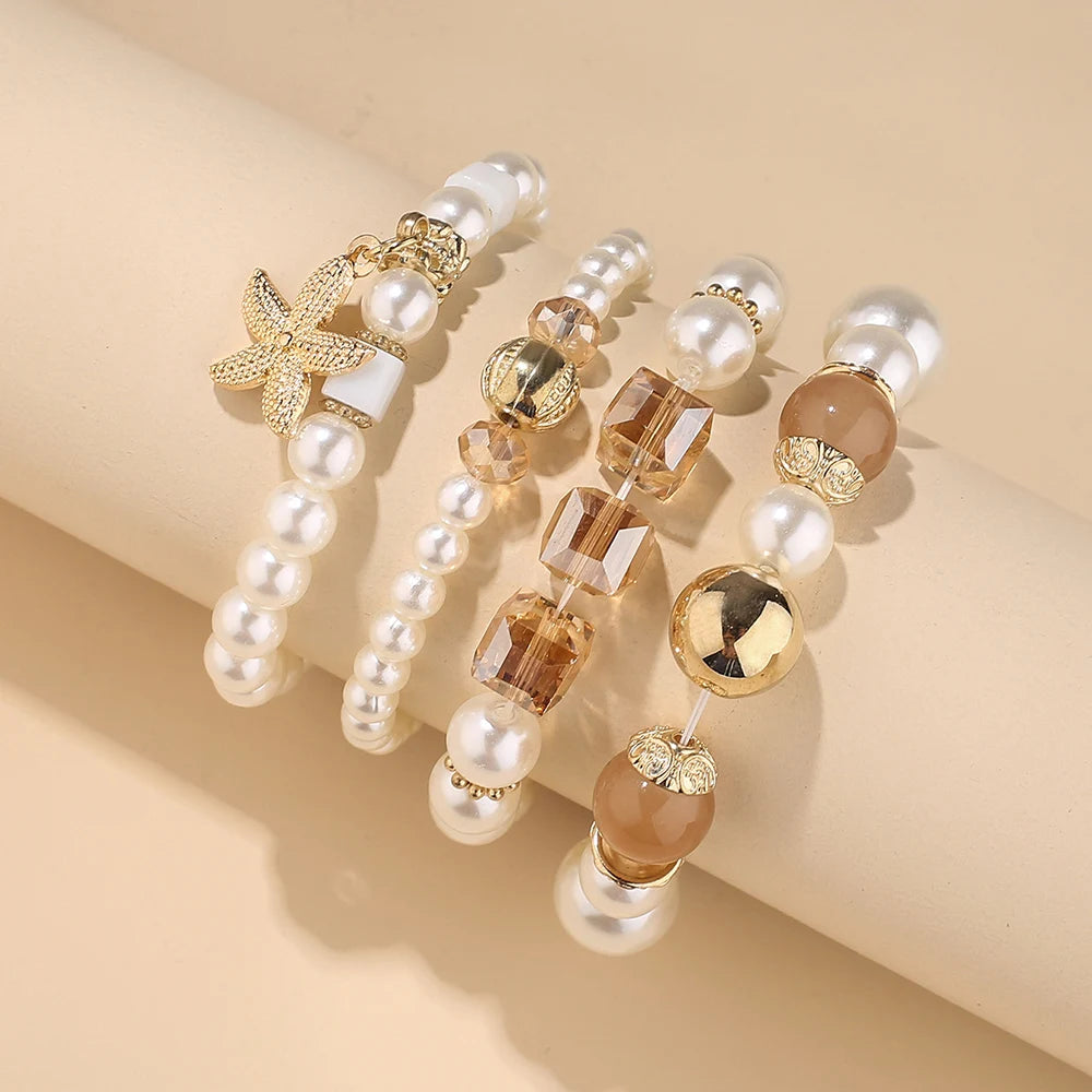 Bohemian Pearl Beads Chain Bracelet Set For Women Tree of Life Starfish Charm Elastic Bangle Female Party Jewelry Accessories