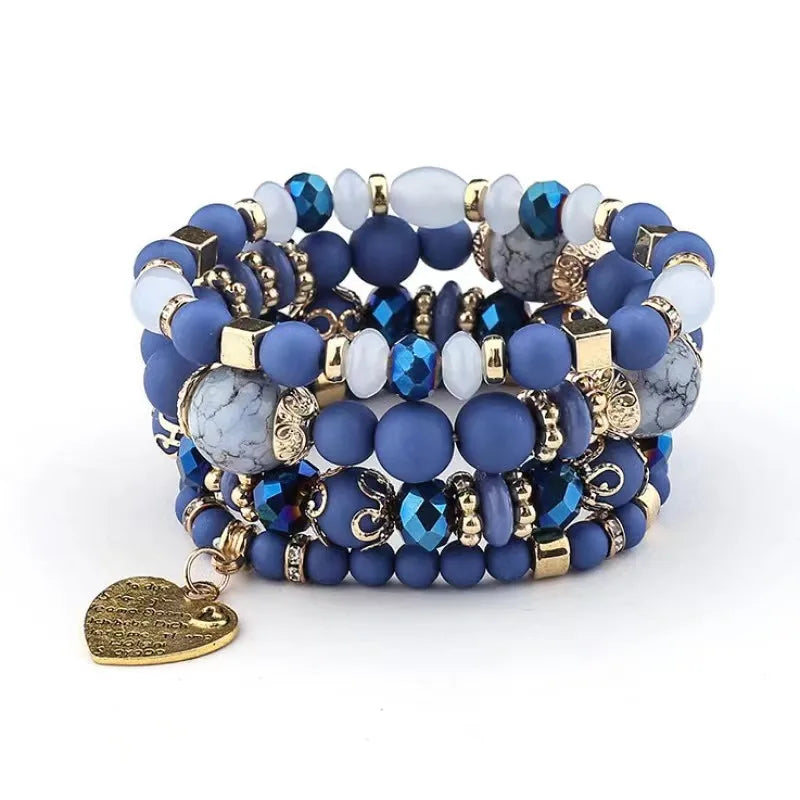 4Pcs Bohemia Acrylic Beaded Bracelet Set For Women Solid Heart Charm Elastic Chain Bangle Men Retro Daily Wear Jewelry Gift
