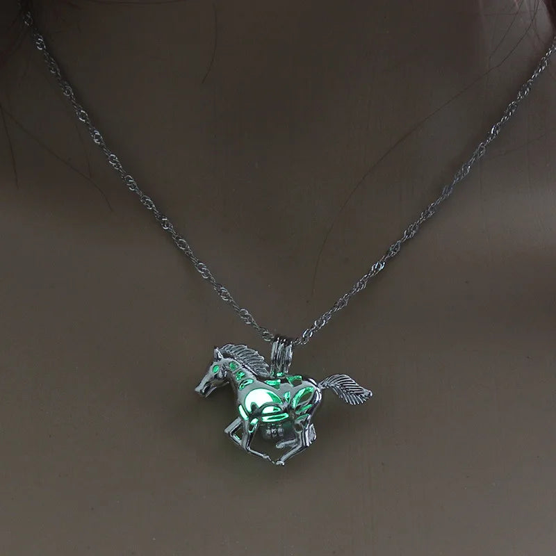 Glowing in The Dark Horse Necklace For Women Fashion luminous Bead Animal Cage Pendant Chain Jewelry Gift