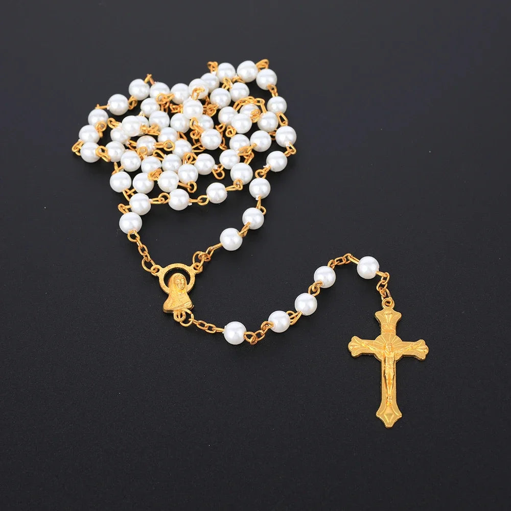 6MM Round Pearl Rosary Necklace For Women Catholic Religious Crucifix Cross Pendant Long Beads Chain Men Prayer Jewelry Gift