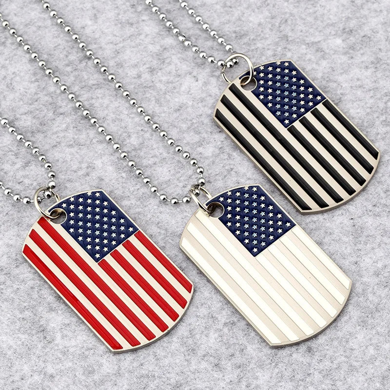 Hip Hop American Flag Necklaces For Men's Army Military Card Pendant Long Beaded Chain Necklace Women Fashion Jewelry