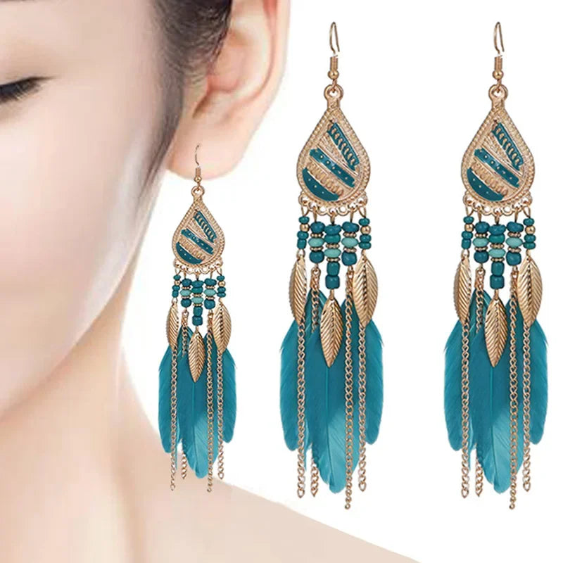 Bohemian Colorful Feather Tassel Earrings For Women Ethnic Beads Drop Statement Hanging Earrings Girls Fashion Jewelry Gift