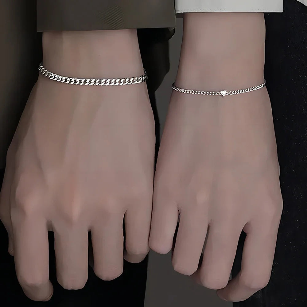 2Pcs Simple Stainless Steel Bracelet Set for Couple Unisex Women Men Lover Crystal Heart Silvery Chain Bracelets Jewelry