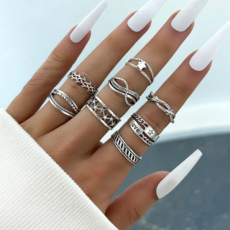 Vintage Punk Metal Multi Element Ring Set For Women Men Antique Silver Color Butterfly Snake Skull Finger Rings Gothic Jewelry