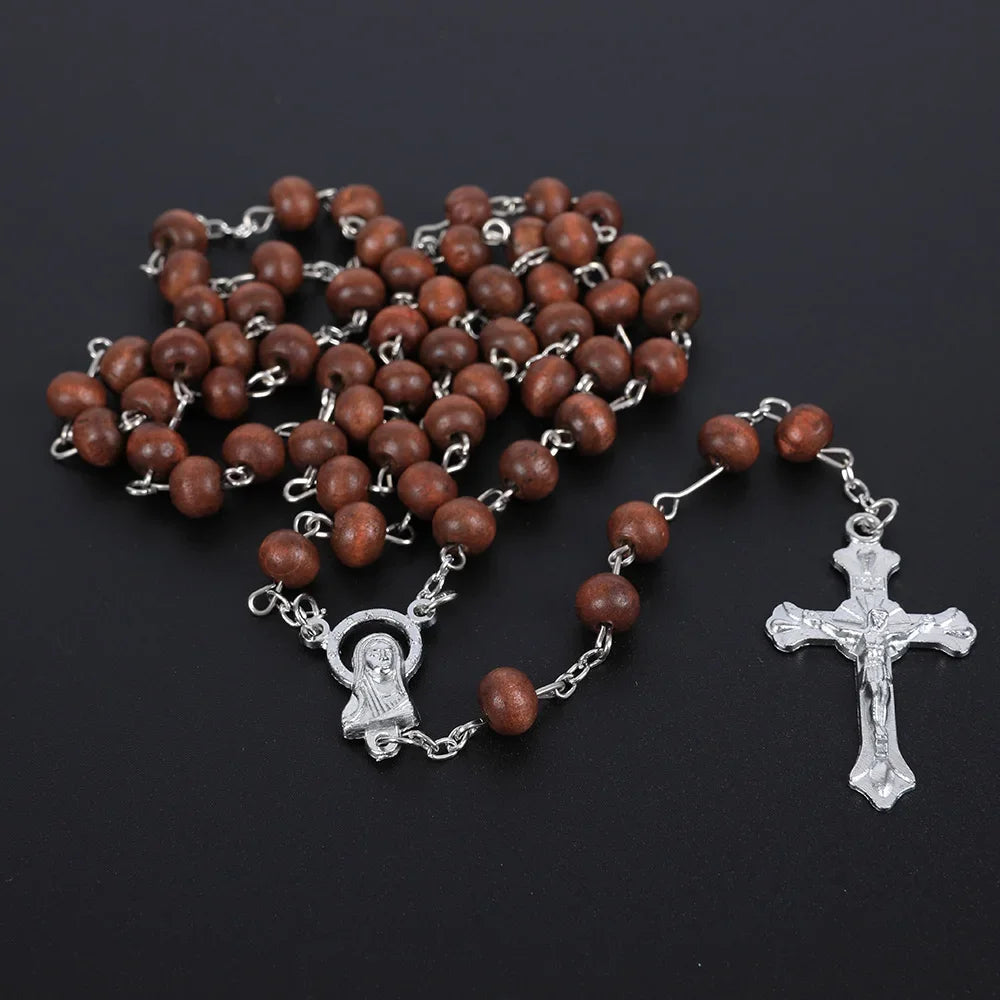 Wooden Religious Rosary Necklace For Women Men 6MM Wood Beads Long Y Chain Crucifix Cross Pendant Prayer Party Jewelry