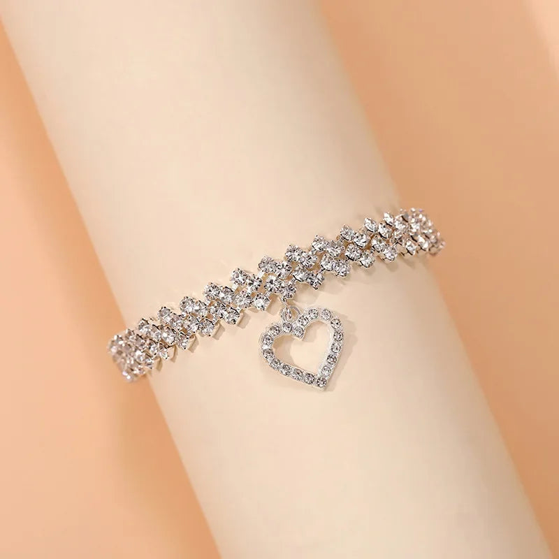 Fashion Cubic Zirconia Anklet For Women Silver Color Hollow Heart Charm Shining Chain On Foot Girls Summer Beach Jewelry