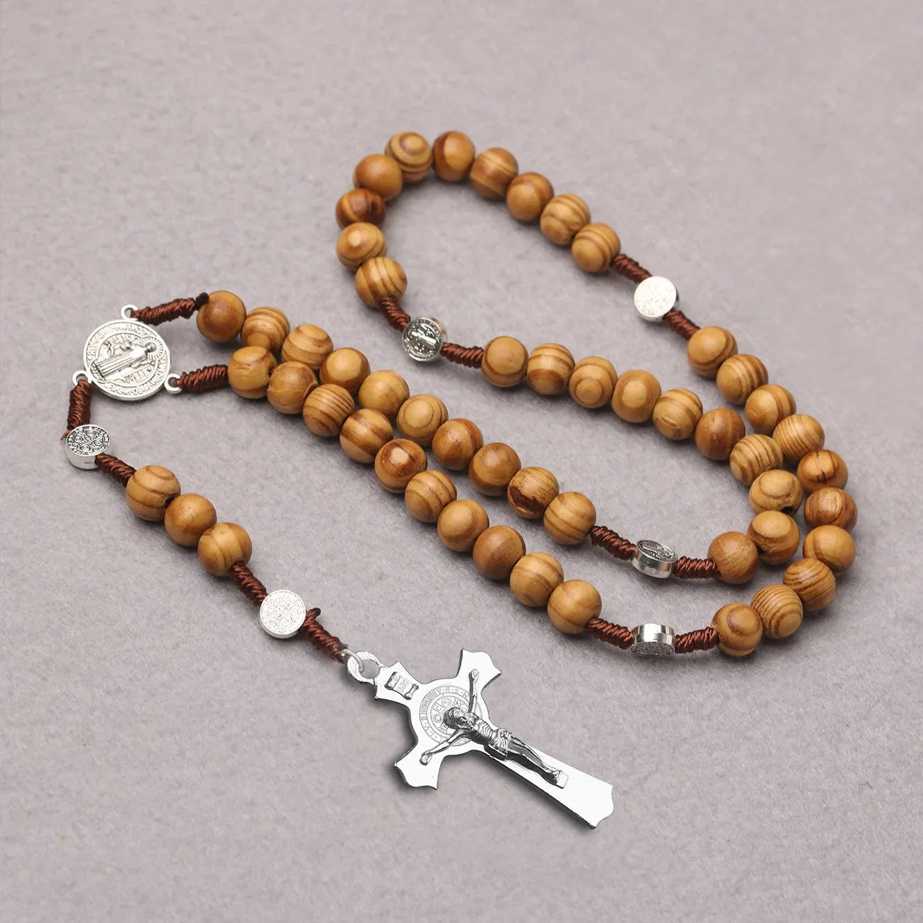 10MM Wooden Rosary Necklace For Women Christian Metal Crucifix Cross Pendant Long Beads Y Chain Men Religion Prayer Jewelry