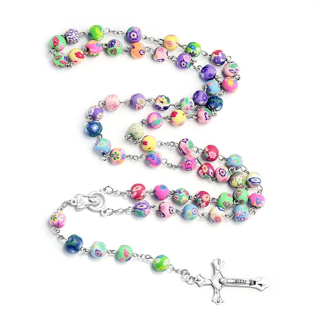 Fashion Multicolor Polymer Clay Beads Rosary Cross Necklace For Women INRI Crucifix Pendant Fimo Chain Female Religion Jewelry