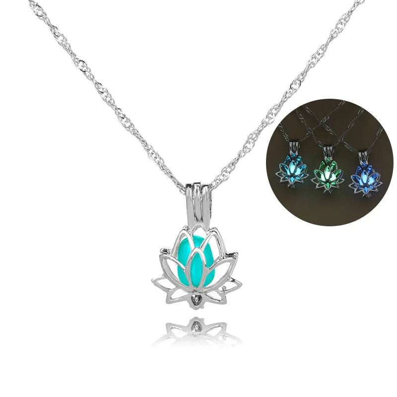 Glowing In The Dark Necklace For Women Moon Flower Shaped Pendant Chain Female Yoga Prayer Buddhism Luminous Jewelry