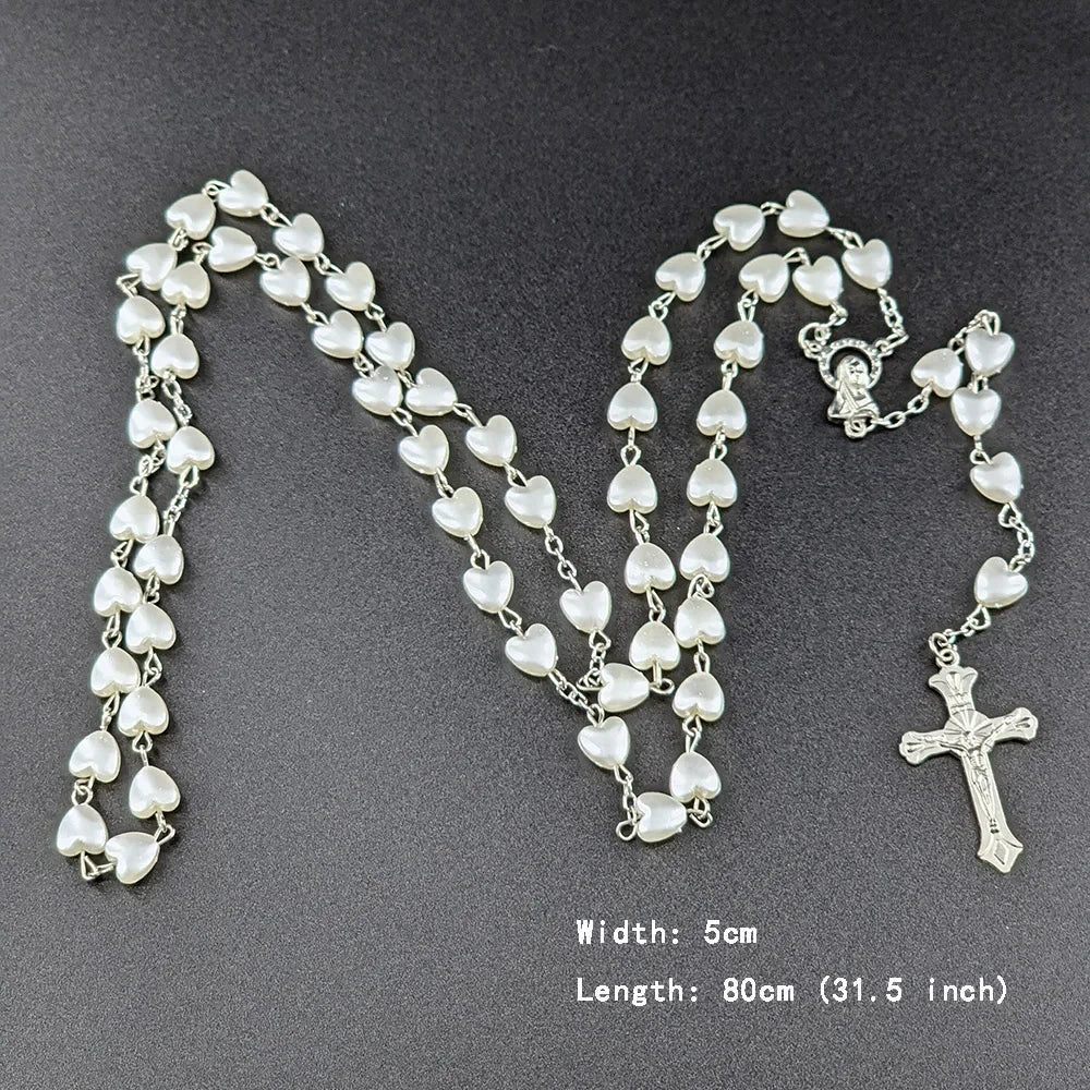 Christian Rosary Beads Necklace For Women Cross INRI Virgin Mary Pendant Pink Heart Chain Female Religion Prayer Party Jewelry