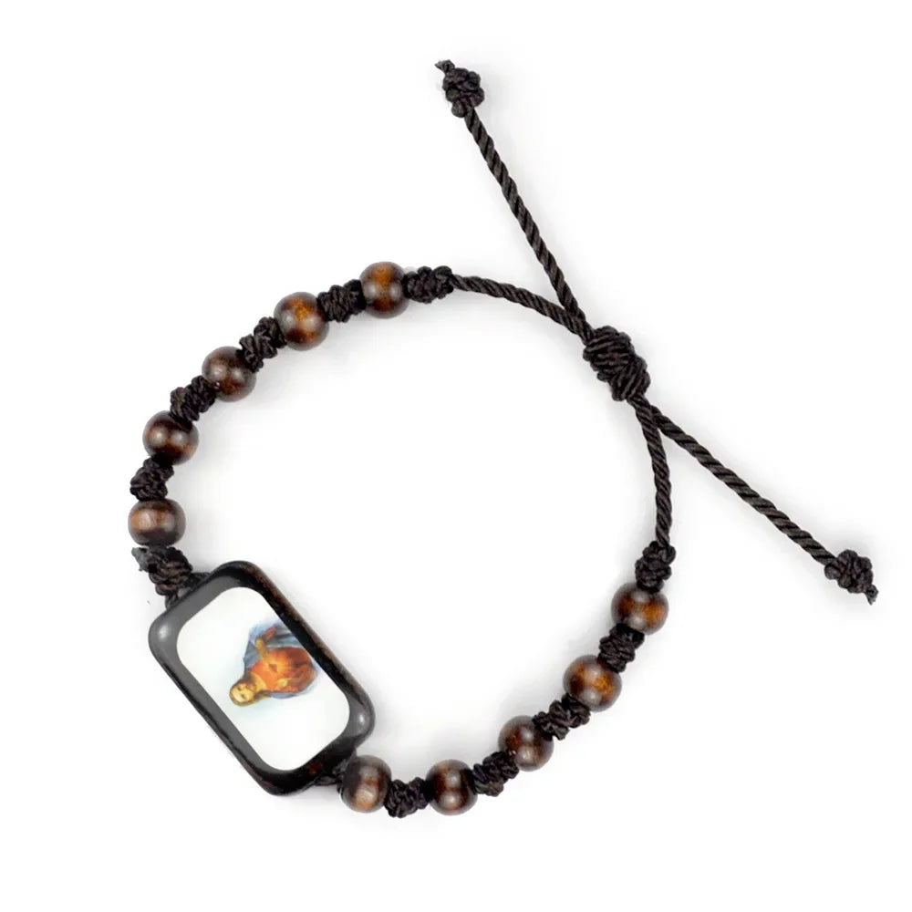 Religion Wood Rosary Bracelet For Men Square Colorful Jesus Virgin Mary Icons Charm Prayer Beads Chain Women Christian Jewelry