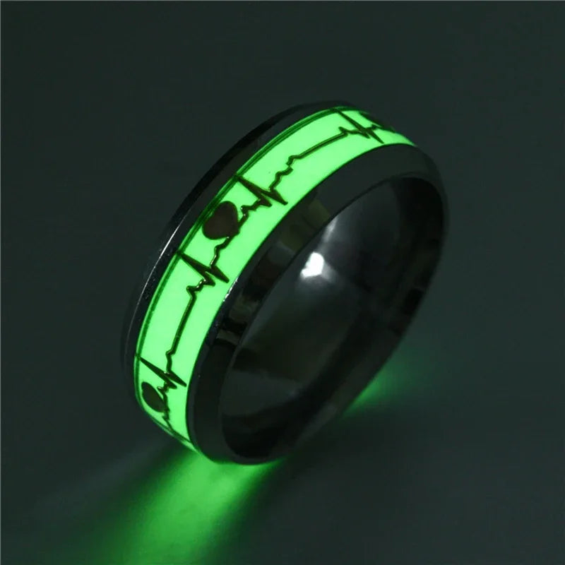 8MM Glow in The Dark Finger Ring For Men Women Couple Heartbeat Graph Stainless Steel Band Rings Fashion Luminous Jewelry Gift