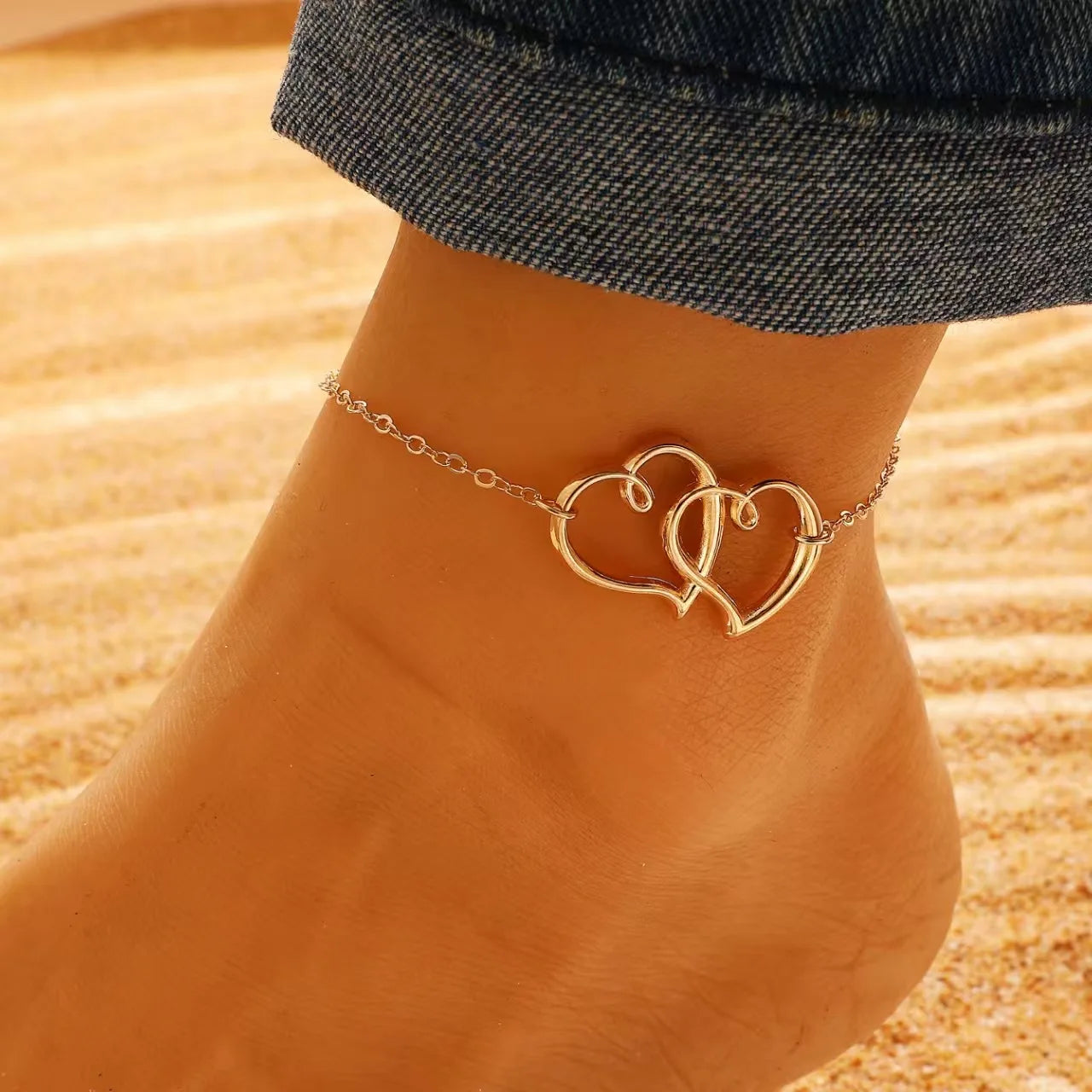 Bohemia Layered Beaded Anklet For Women Hollow Double Heart Charm Ankle Bracelet Summer Beach Vacation Foot Jewelry Gift
