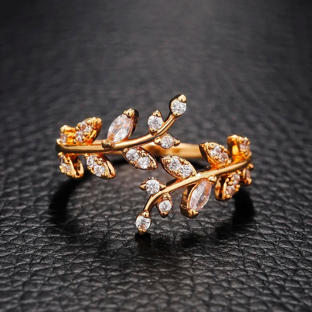 Korean Leaf Design Opening Rings For Women Sparkling Cubic Zirconia CZ Adjustable Ring Party Daily Wear Fashion Jewelry Gift