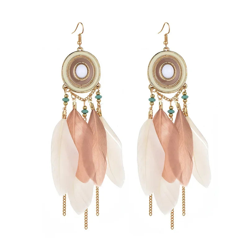 Boho Ethnic Feather Dangle Earrings For Women Classic Long Tassel Drop Ear Jewelry Ladies Beach Vacation Accessories