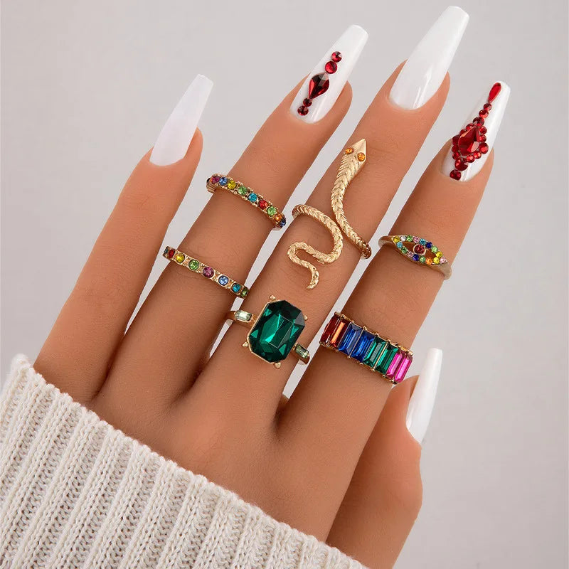 Bohemian Colorful Crystal Stone Kunckle Ring Set For Women Snake Shaped Rhinestone Geometric Rings Girls Fashion Party Jewelry