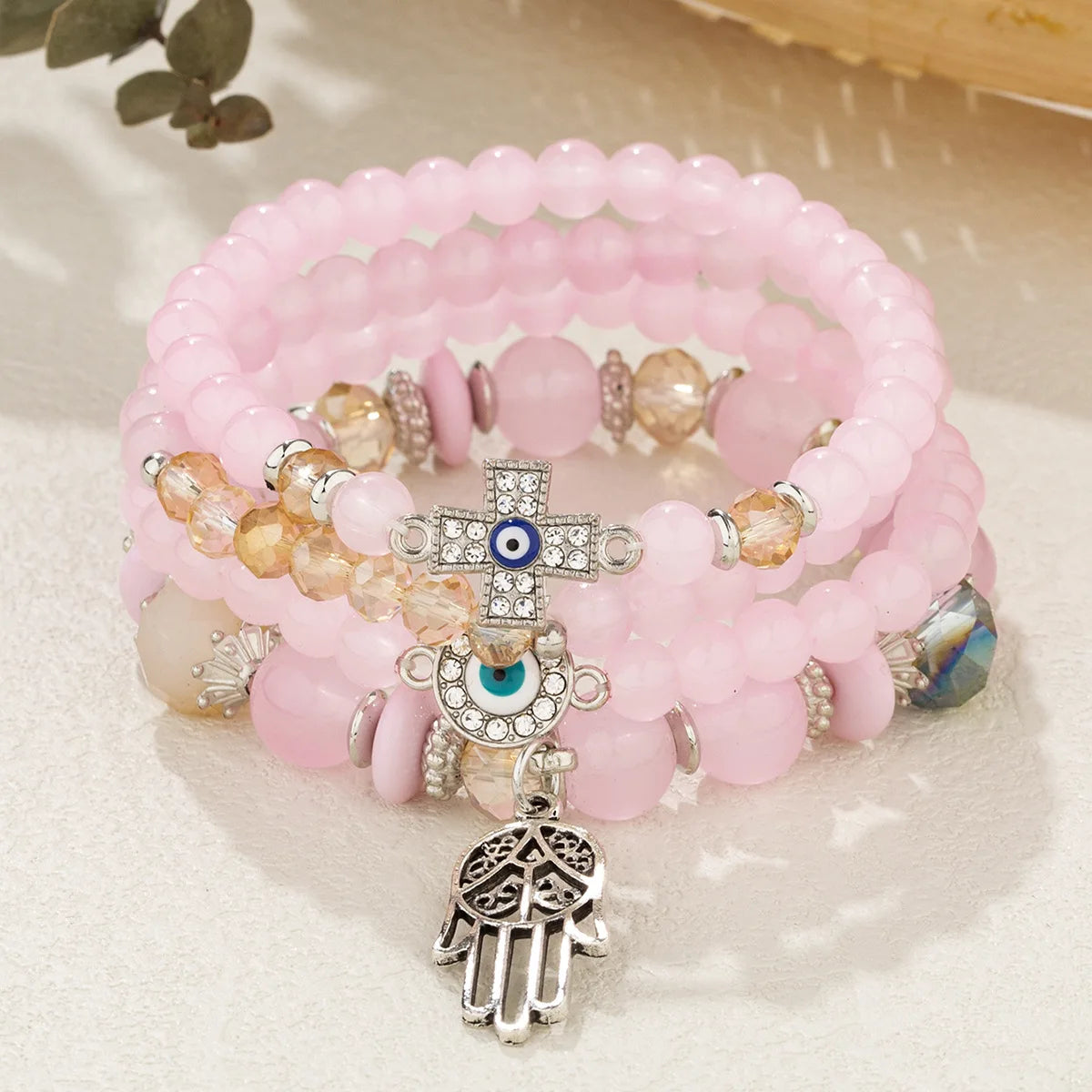 4Pcs Bohemian Acrylic Beads Bracelet Set For Women Fatima Hand Cross Evil Eyes Charm Elastic Chain Bangle Men Fashion Party Jewe