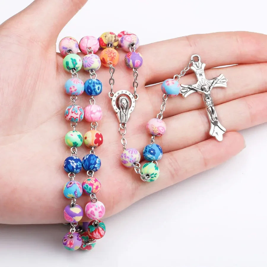 Christian Rosary Beads Necklace For Women Cross INRI Virgin Mary Pendant 8MM Colorful Soft Pottery Chain Prayer Party Jewelry
