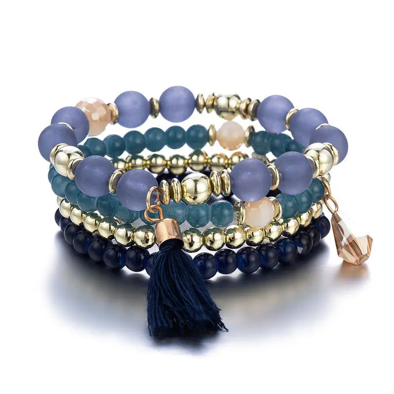 4Pcs Bohemia Tassels Charm Beaded Bracelet Set For Women Boho Crystal Beads Chain Wrap Bangle Female Fashion Jewelry Gift