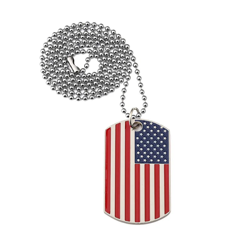 Hip Hop American Flag Necklaces For Men's Army Military Card Pendant Long Beaded Chain Necklace Women Fashion Jewelry