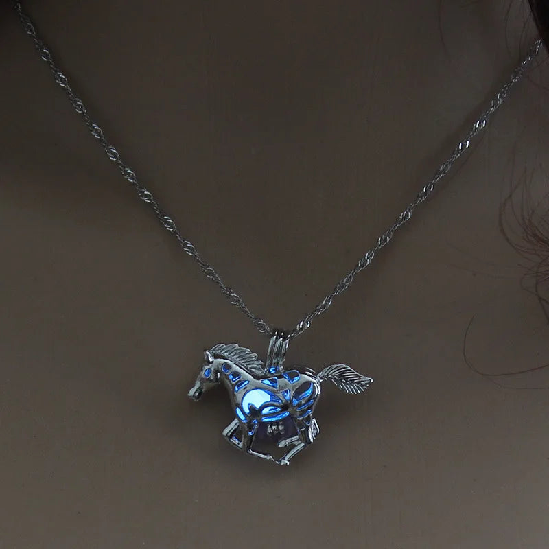 Glowing in The Dark Horse Necklace For Women Fashion luminous Bead Animal Cage Pendant Chain Jewelry Gift