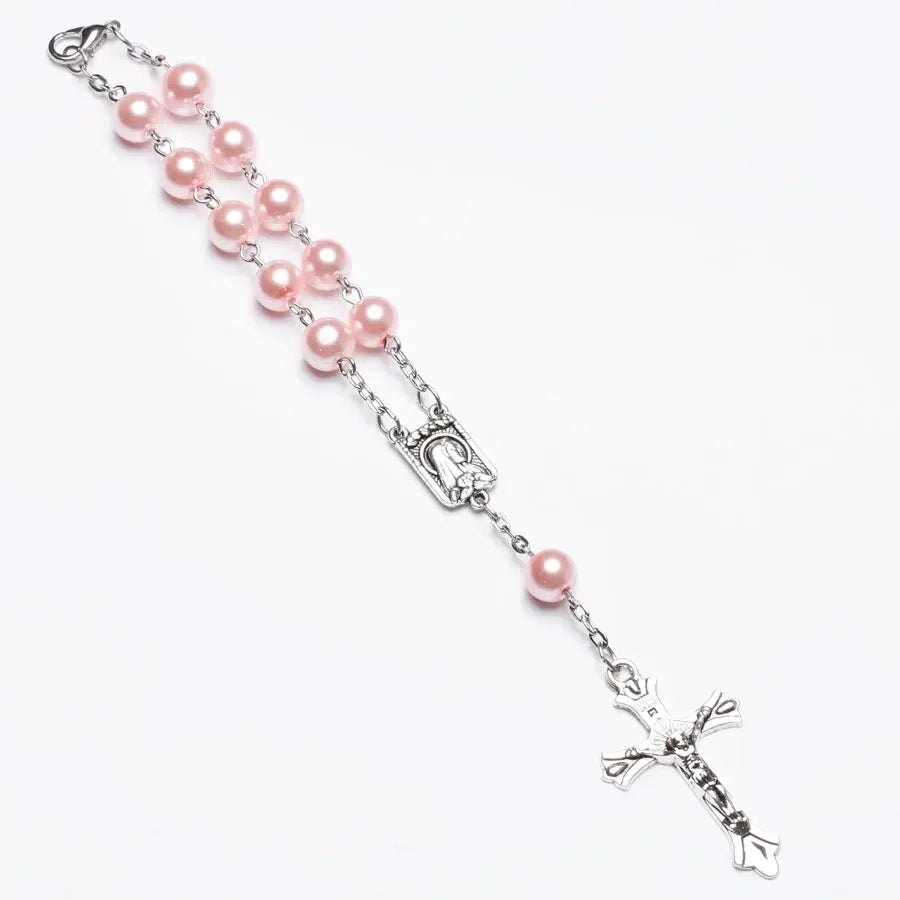 Catholic Rosary Bracelet 8MM Pink Glass Beads Chain Bangle For Women Christening Cross & Jesus Pattern Charm Pray Jewelry