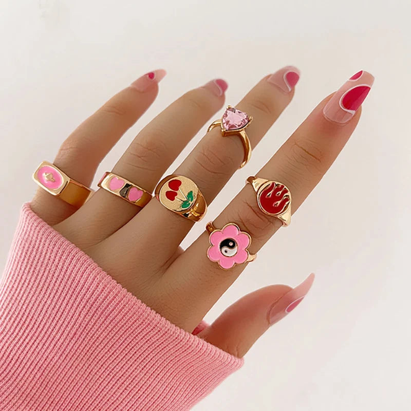 Pink Acrylic Butterfly Knuckle Ring Set For Women Crystal Enamel Mushroom Yin Yang Flower Rings Girls Fashion Jewelry