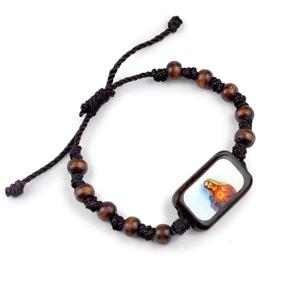 Religion Wood Rosary Bracelet For Men Square Colorful Jesus Virgin Mary Icons Charm Prayer Beads Chain Women Christian Jewelry