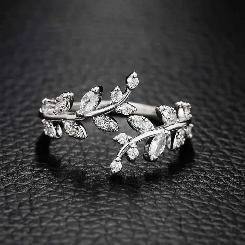 Korean Leaf Design Opening Rings For Women Sparkling Cubic Zirconia CZ Adjustable Ring Party Daily Wear Fashion Jewelry Gift