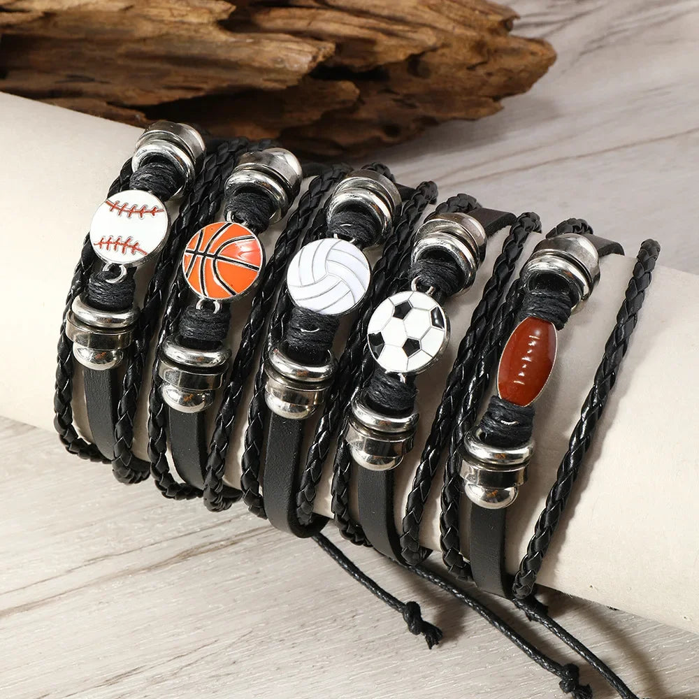 5Pcs Vintage Leather Sport Bracelet For Women Men Volleyball Football Basketball Baseball Rugby Charm Bangle Fashion Jewelry