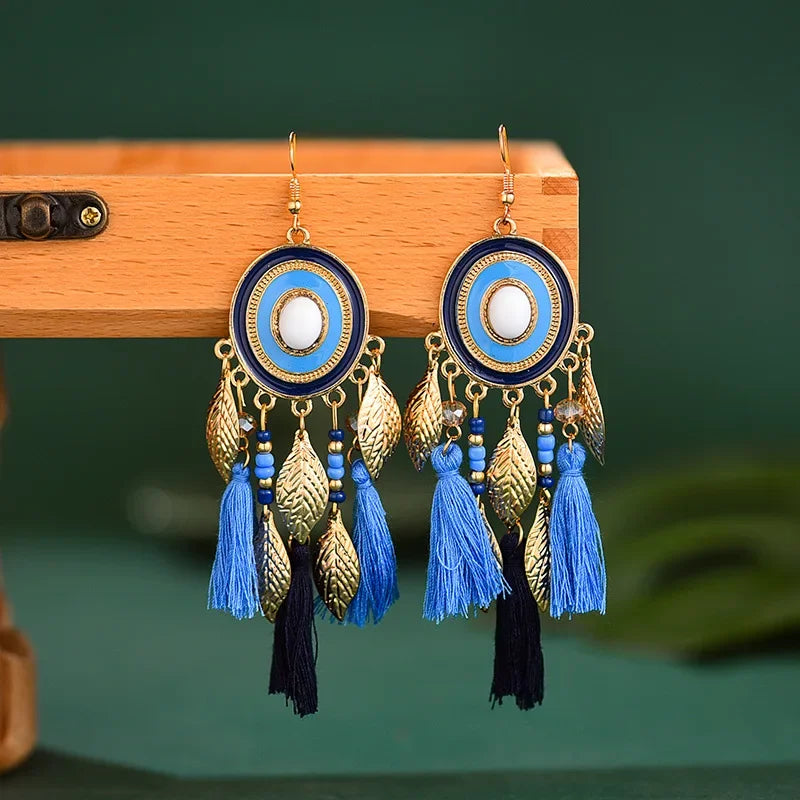 Bohemian Silk Tassels Statement Earrings For Women Leaf Geometric Handmade Beads Drop Dangle Earring Girls Ethnic Jewelry