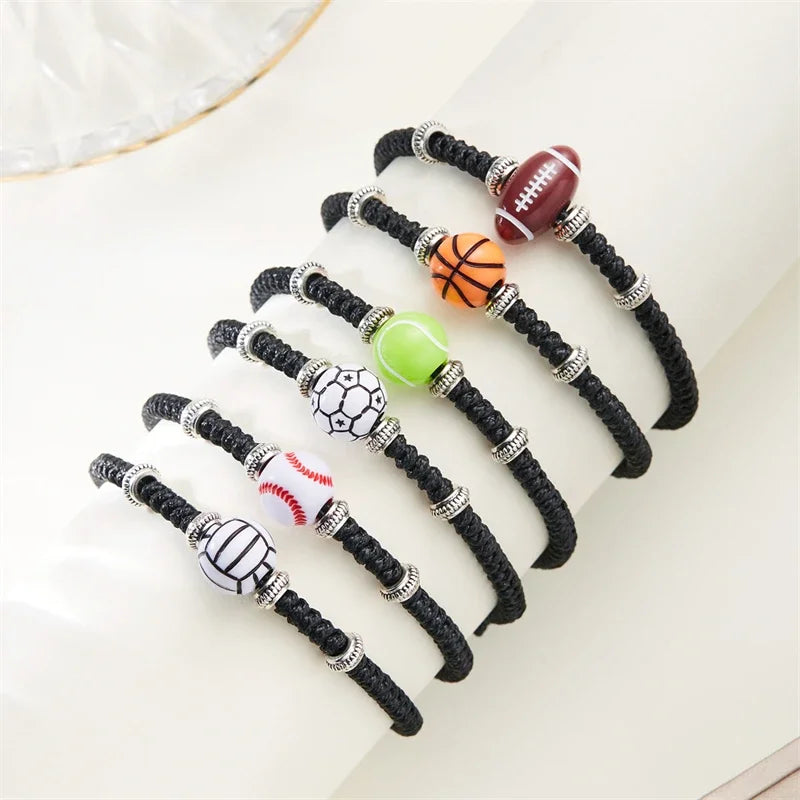 Football Baseball Basketball Charm Bracelet For Men Women Simple Adjutable Black Rope Braided Bracelet Boys Sports Jewelry