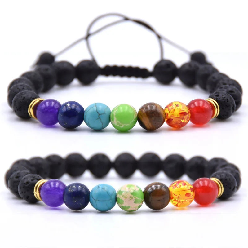 2PC Lava Rock Bracelet Set For Men Women Essential Oils Diffuser Natural Stone Bead Chain Bangle 7 Chakra handmade Jewelry