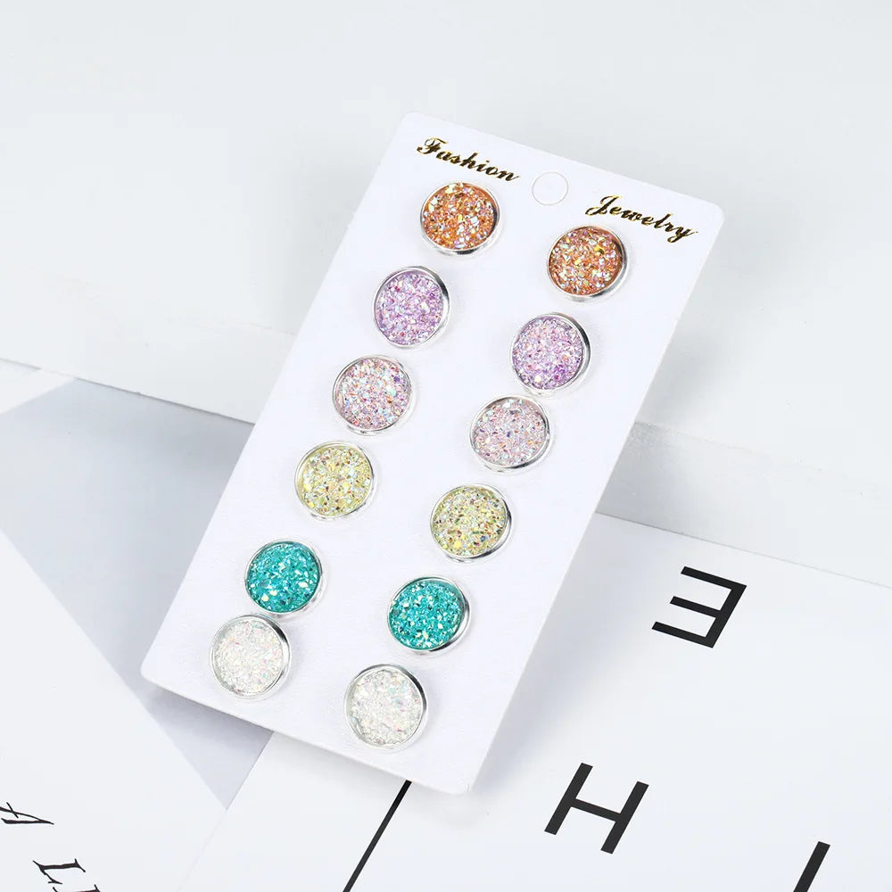 6 Pairs/Set New Shiny Resin Ear Stud Round Bling Druzy Stone For Women Girls Cute Earrings Set 2020 Fashion Jewelry Gift