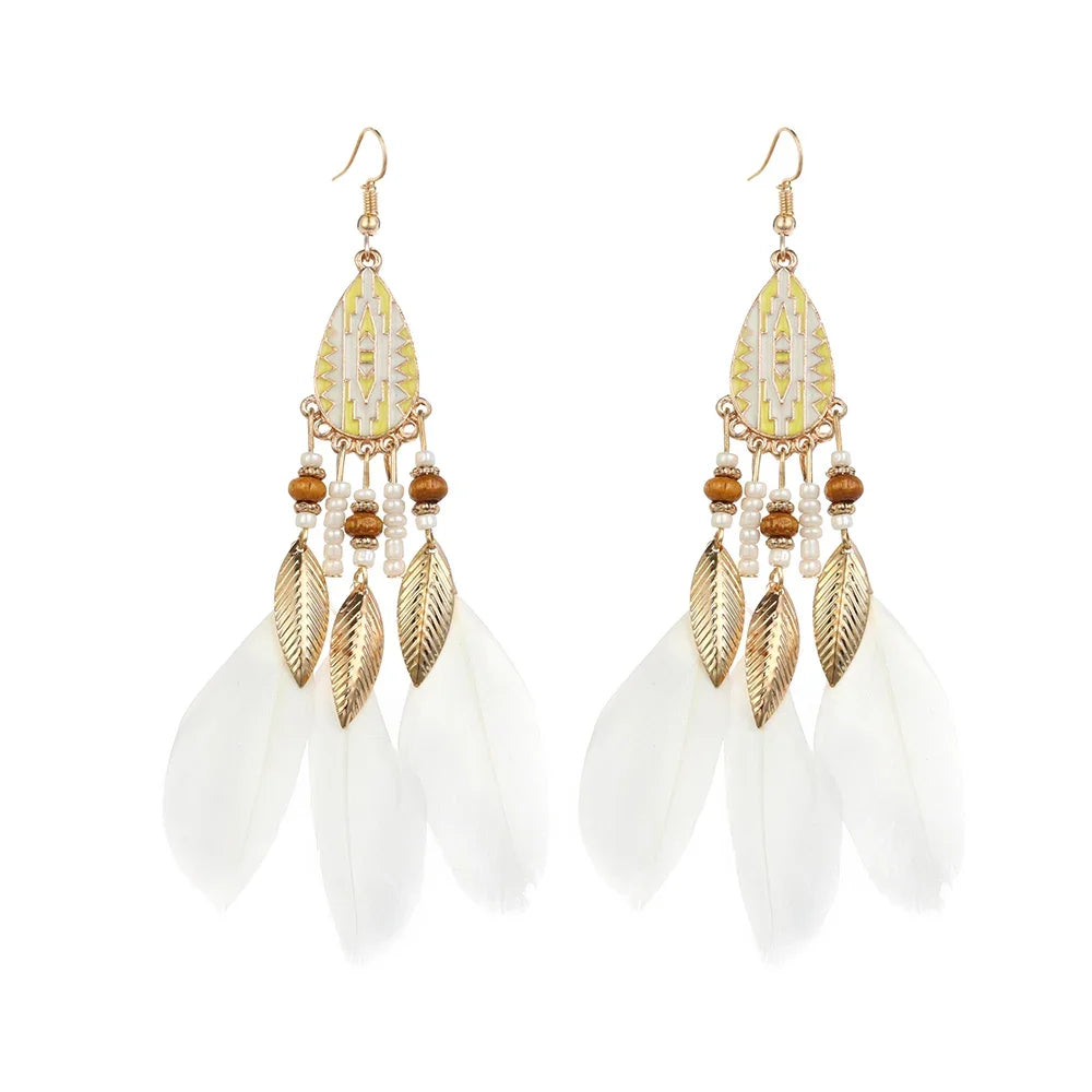Ethnic Long Feather Drop Earrings For Women Bohemian Tassel Handmade Beads Leaf Dangle Earring Lady Elegant Party Jewelry