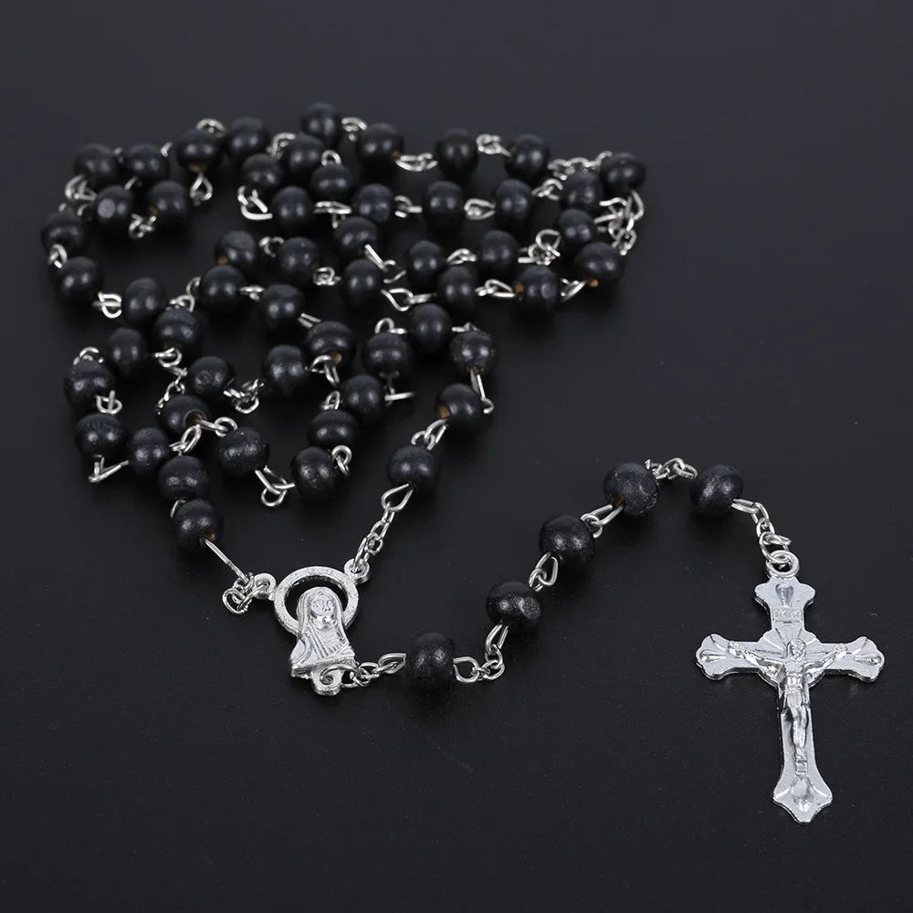 Wooden Religious Rosary Necklace For Women Men 6MM Wood Beads Long Y Chain Crucifix Cross Pendant Prayer Party Jewelry