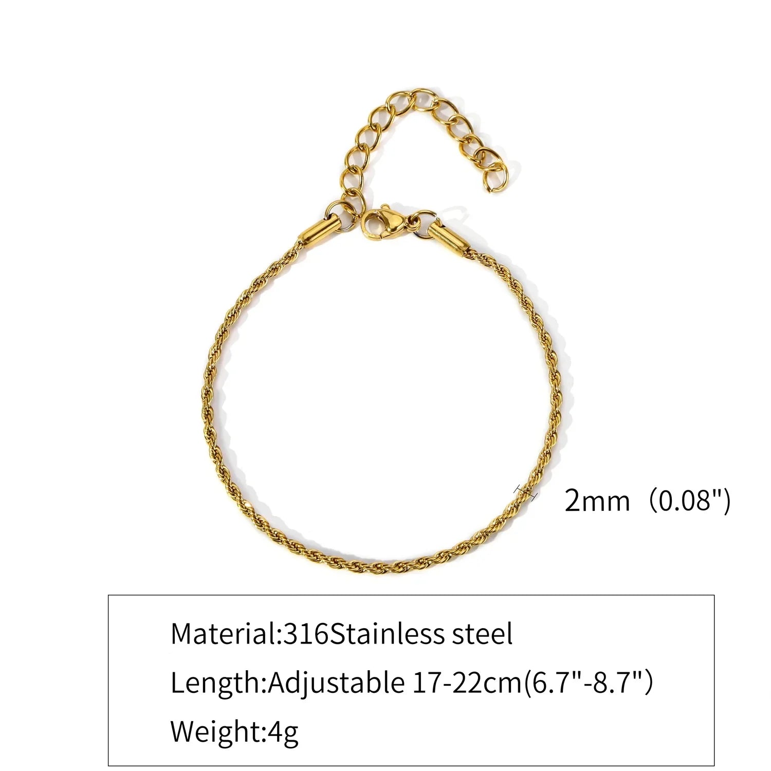 2-5MM Stainless Steel Bracelet For Women Men Gold Color Twist Rope Chain Bangle With Extended Chain Waterproof Party Jewelry