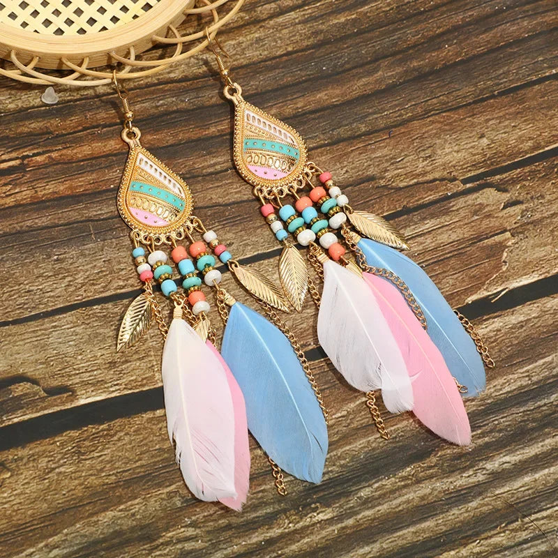 Bohemian Colorful Feather Tassel Earrings For Women Ethnic Beads Drop Statement Hanging Earrings Girls Fashion Jewelry Gift