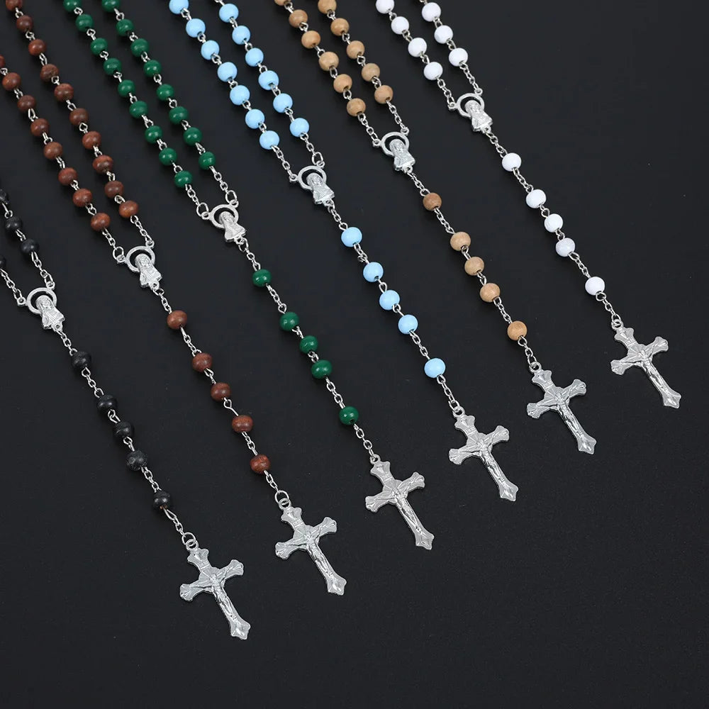Wooden Religious Rosary Necklace For Women Men 6MM Wood Beads Long Y Chain Crucifix Cross Pendant Prayer Party Jewelry