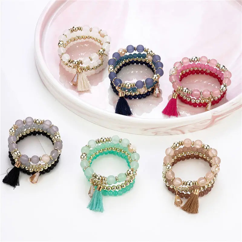 4Pcs Bohemia Tassels Charm Beaded Bracelet Set For Women Boho Crystal Beads Chain Wrap Bangle Female Fashion Jewelry Gift