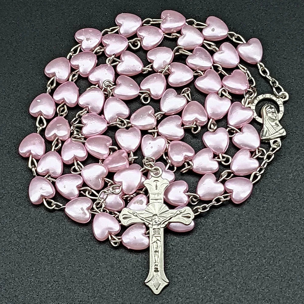Christian Rosary Beads Necklace For Women Cross INRI Virgin Mary Pendant Pink Heart Chain Female Religion Prayer Party Jewelry