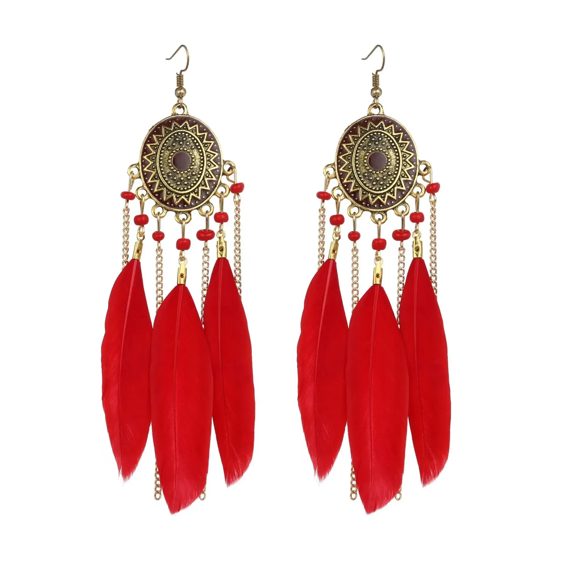 Ethnic Colorful Feather Tassel Earrings For Women Long Chain Beads Drop Dangling Earrings Girls Vintage Jewelry Accessories