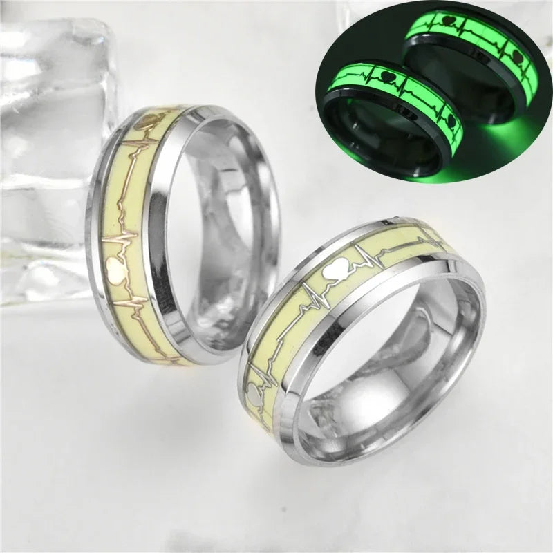 8MM Glow in The Dark Finger Ring For Men Women Couple Heartbeat Graph Stainless Steel Band Rings Fashion Luminous Jewelry Gift