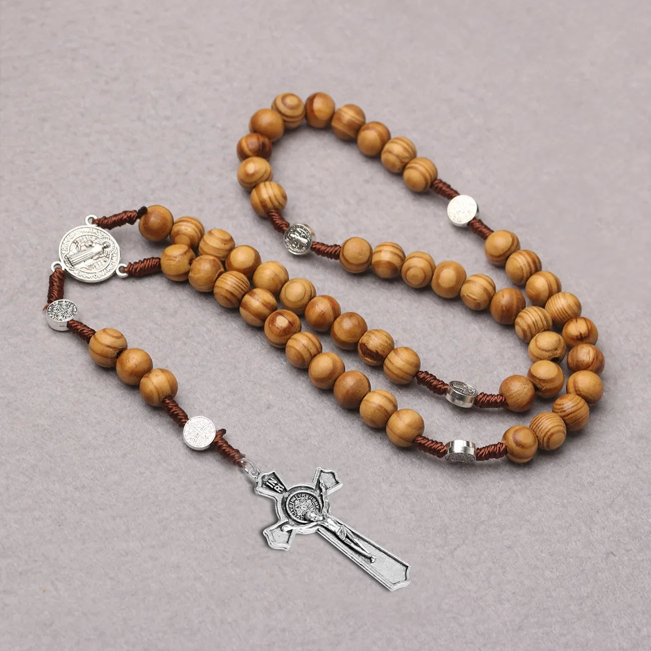 10MM Wooden Rosary Necklace For Women Christian Metal Crucifix Cross Pendant Long Beads Y Chain Men Religion Prayer Jewelry