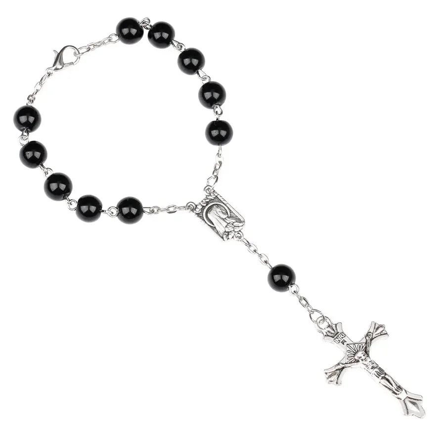 Catholic Rosary Bracelet 8MM Pink Glass Beads Chain Bangle For Women Christening Cross & Jesus Pattern Charm Pray Jewelry