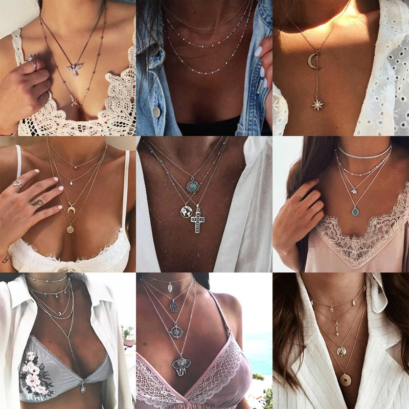 Bohemian Multi Layered Necklaces For Women Moon Cross Tree Star Pendant Chains Statement Choker 2020 Boho Fashion Jewelry