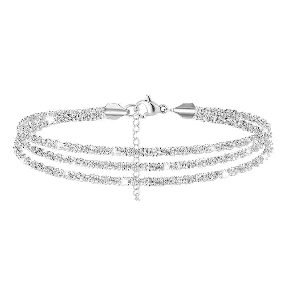 Summer Shiny Sparkling Copper Anklet For Women Silver Gold Color Multi-layer Chain On The Leg Foot Beach Ankle Bracelet Jewelry