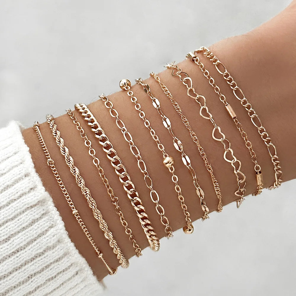 11Pcs Boho Twist Chain Bracelet Set For Women Punk Gold Silver Color Adjustable Cuban Link Bracelet Fashion Party Jewelry Gift