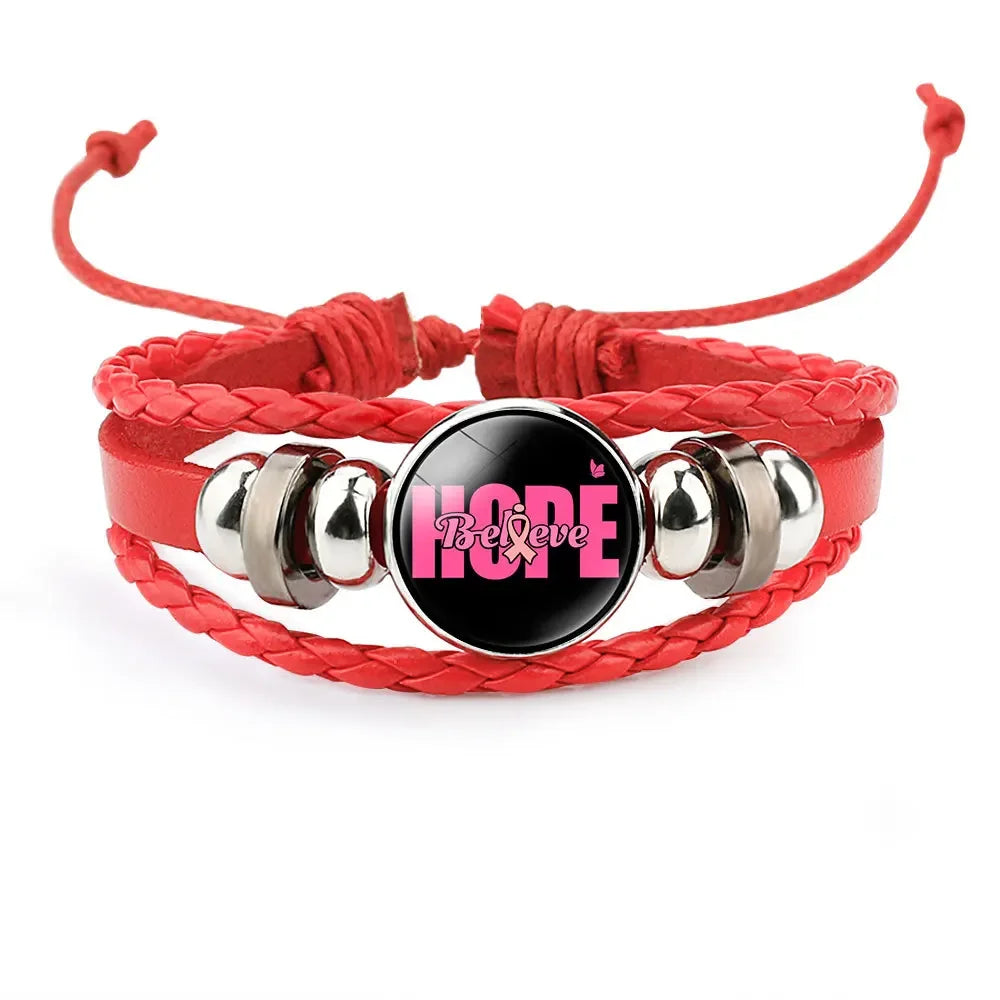 Pink Ribbon Charm Bracelet For Women Braided Leather Rope Bangle Girls Breast Cancer Awareness Hope Jewelry Accessories