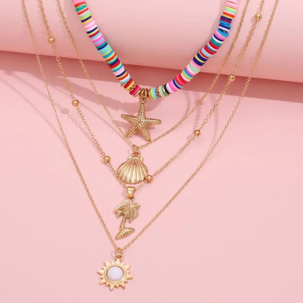 Bohemia Multi Layered Stackable Necklace For Women Sun Starfish Shell Pendant Chain Female Party Boho Jewelry Gift